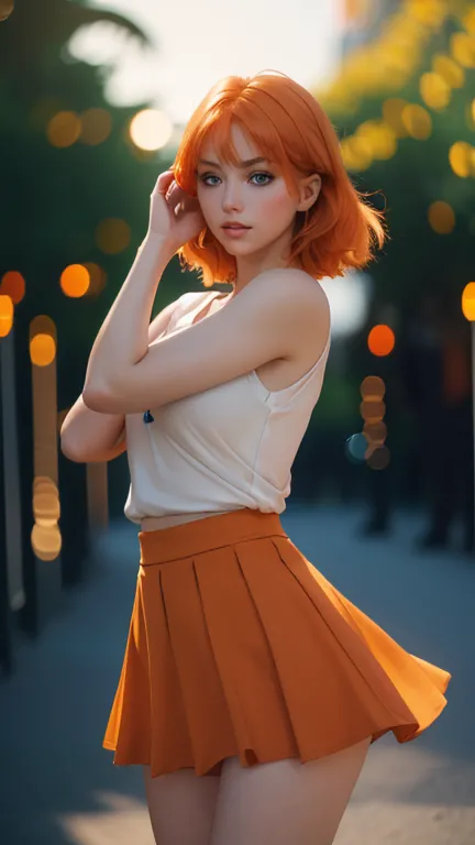 Ultra realistic, 16k, high quality, 1 girl, short light orange hair, shoulder-length pale orange hair that spreads across her le...