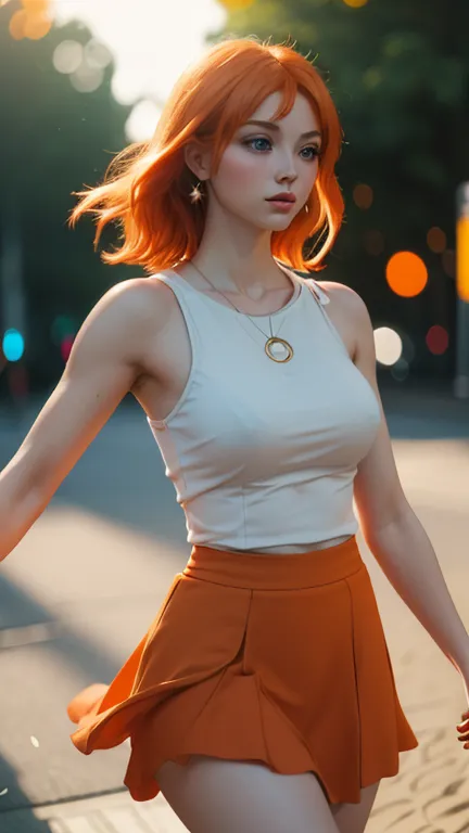 Ultra realistic, 16k, high quality, 1 girl, short light orange hair, shoulder-length pale orange hair that spreads across her le...