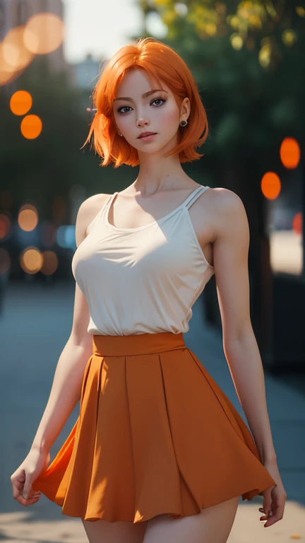 Ultra realistic, 16k, high quality, 1 girl, short light orange hair, shoulder-length pale orange hair that spreads across her left temple and is tucked behind her ear, eyes blue, bright eyes, white skin, pale skin, flushed cheeks, big tits, narrow waist, big hips, hot legs, skirt, parted lips, blush, night, flowers, sun, sollight, 20 years old, (beautiful tall body), professional photography of a stunning woman detailed, sharp focus, dramatic, award-winning, cinematic lighting, volumetric dtx, (film grain, blurred background, blurred foreground, Bokeh, depth of field, motion blur:1.3), multiple hot sexy poses.  