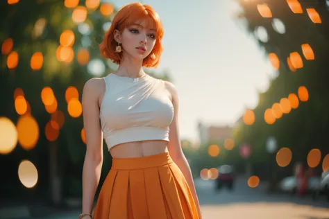 Ultra realistic, 16k, high quality, 1 girl, short light orange hair, shoulder-length pale orange hair that spreads across her le...