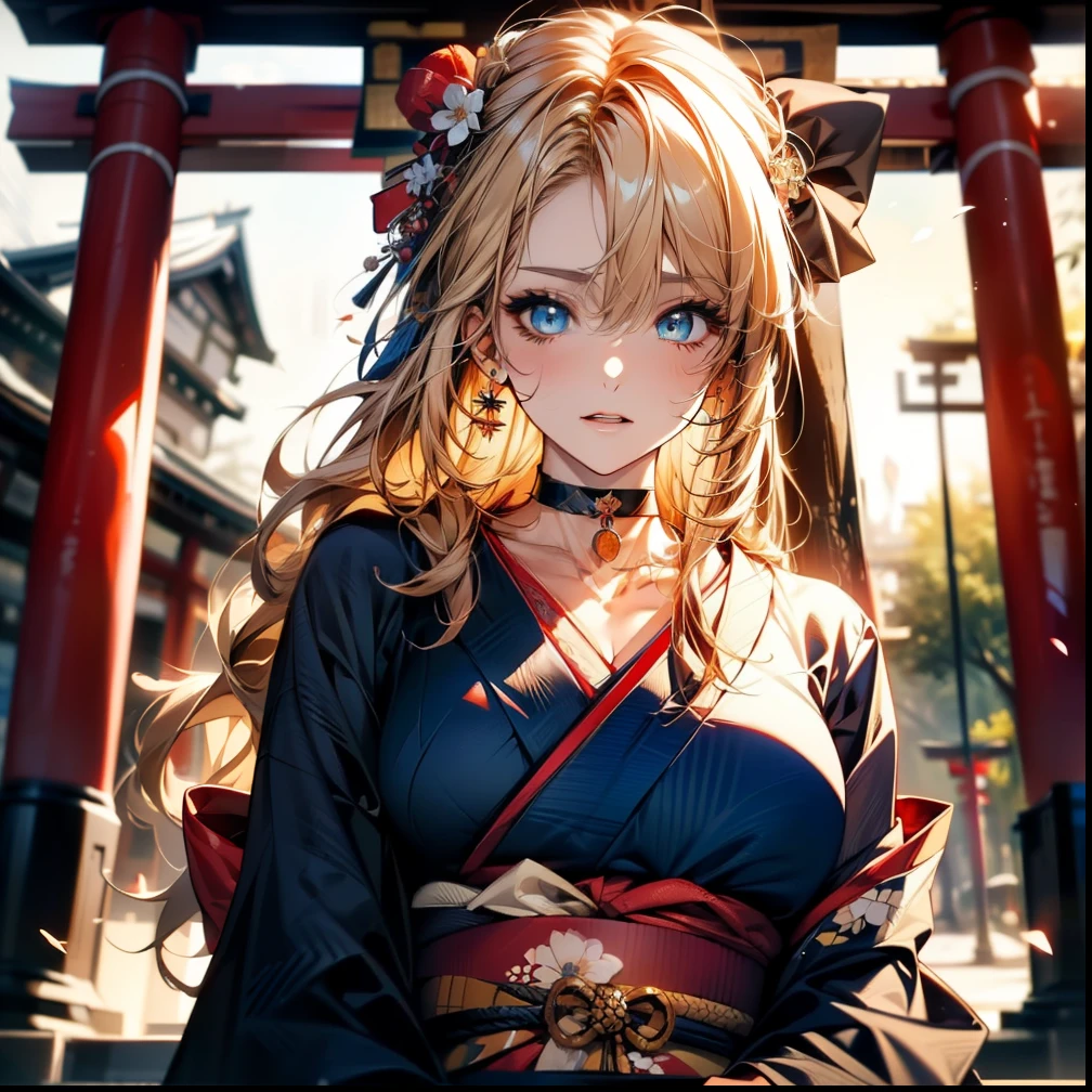 ((Light brown long hair:1.9, wavy hair:1.6, asymmetrical hair:1.8, half up hair)), (shining blue eyes:1.4)beautiful, beautiful woman, perfect anatomy, perfect body, perfect breasts, ((kimono:1.8, choker:1.6)), ((Japan gardens in winter:1.98, torii)), captivating gaze, slight smile, realism, masterpiece, rough skin , Super detailed, high detail, high quality, 最high quality, 1080p, 16k 