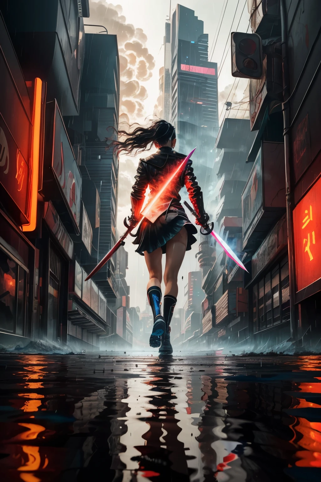 black hair, red eyes, determined expression, futuristic cityscape background, neon lights, rain, running pose, holding a sword, reflection in water, steam rising from the ground. [cyberpunk, sci-fi, anime, dynamic]