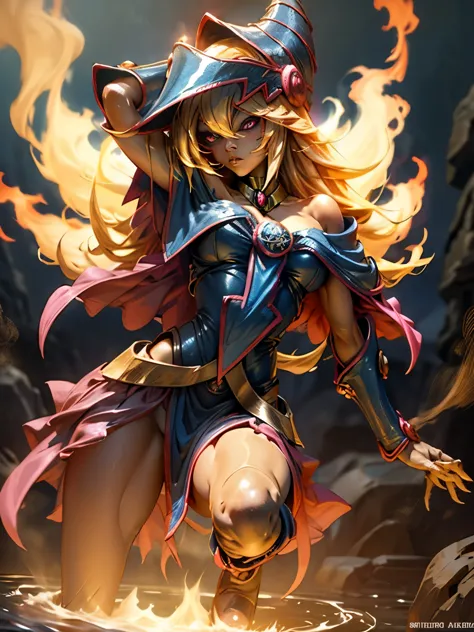 Dark magician gils en llamas. Cabello de llamas. Ojos azules. Labios rojos. Pose sensual. Fondo de infierno. She&#39;s on fire a...