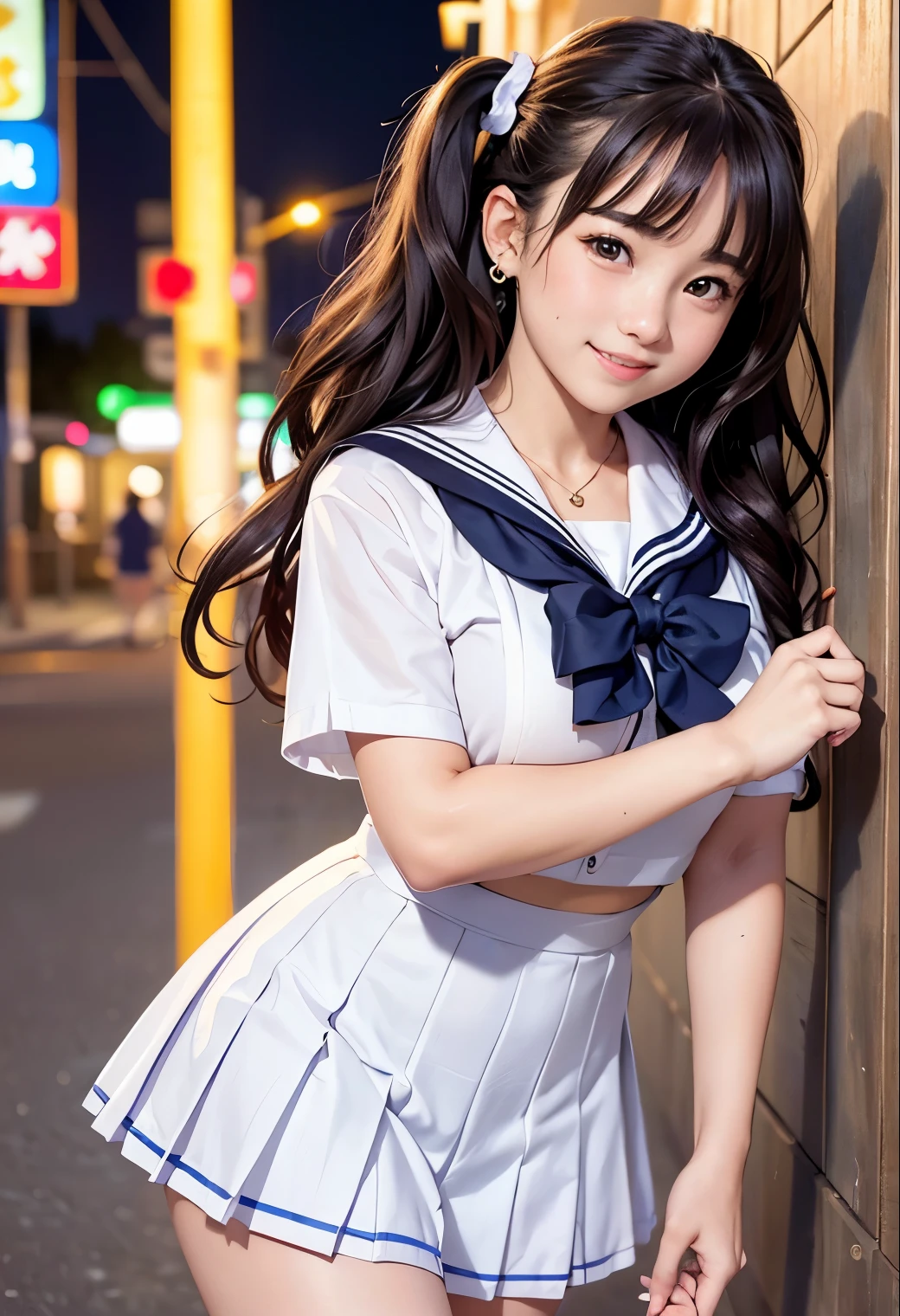 (highest quality,masterpiece:1.3,ultra high resolution),(Super detailed、caustics) (Photoreal:1.4, RAW shooting、)ultra-realistic capture、very detailed、natural skin texture、masterpiece、(Junior high school sailor uniform:1.3)、short sleeve sailor suit、1 Japanese girl、adorable expression、expression of happiness、14 years old、young face、Amazingly cute、twin tails、curly hair、black hair、Scrunchie、earrings、necklace、light makeup、Big breasts that are about to burst、Bare arms、This photo was taken in front of a sex shop in the downtown area at night.、Shining thighs、Shooting from the side、Smile、inviting gaze、
