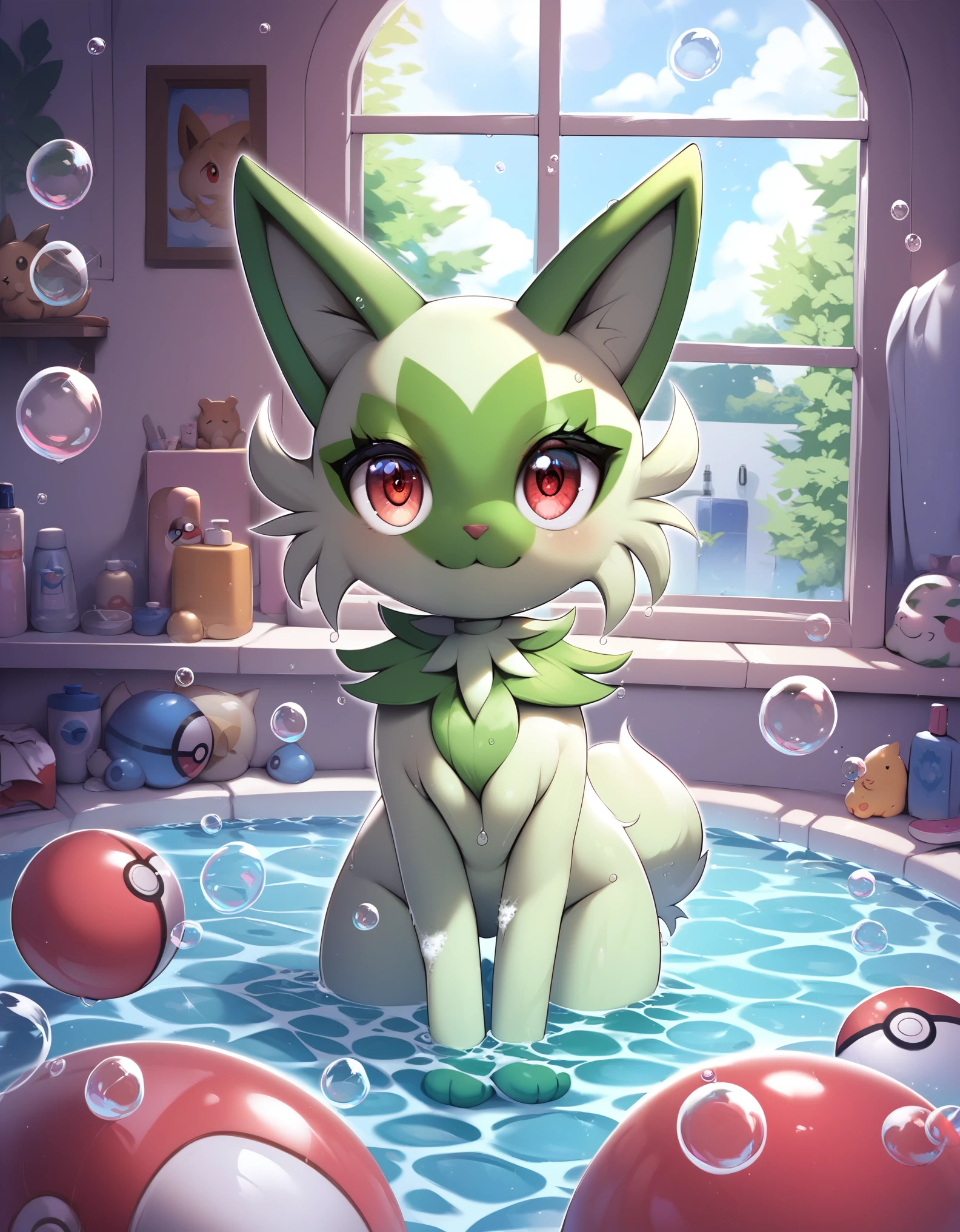 score_9_up, score_8_up, score_7_up, source_anime, (masterpiece, perfectly detailed, detailed face, detailed eyes, beautiful eyes), PokeMaster_PS, pikachu_pokemon, sprigatito_pokemon, no humans, pokemon (creature), red eyes, bubble, soap bubbles, wet, :<, cat, water drop, closed mouth, tiles, indoors, solo