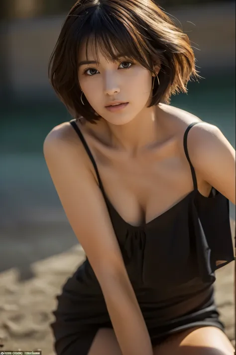 prospect: gorgeous woman , short hair blown by the wind. She plays around with the camera with a faint smile., (in the dark), , ...