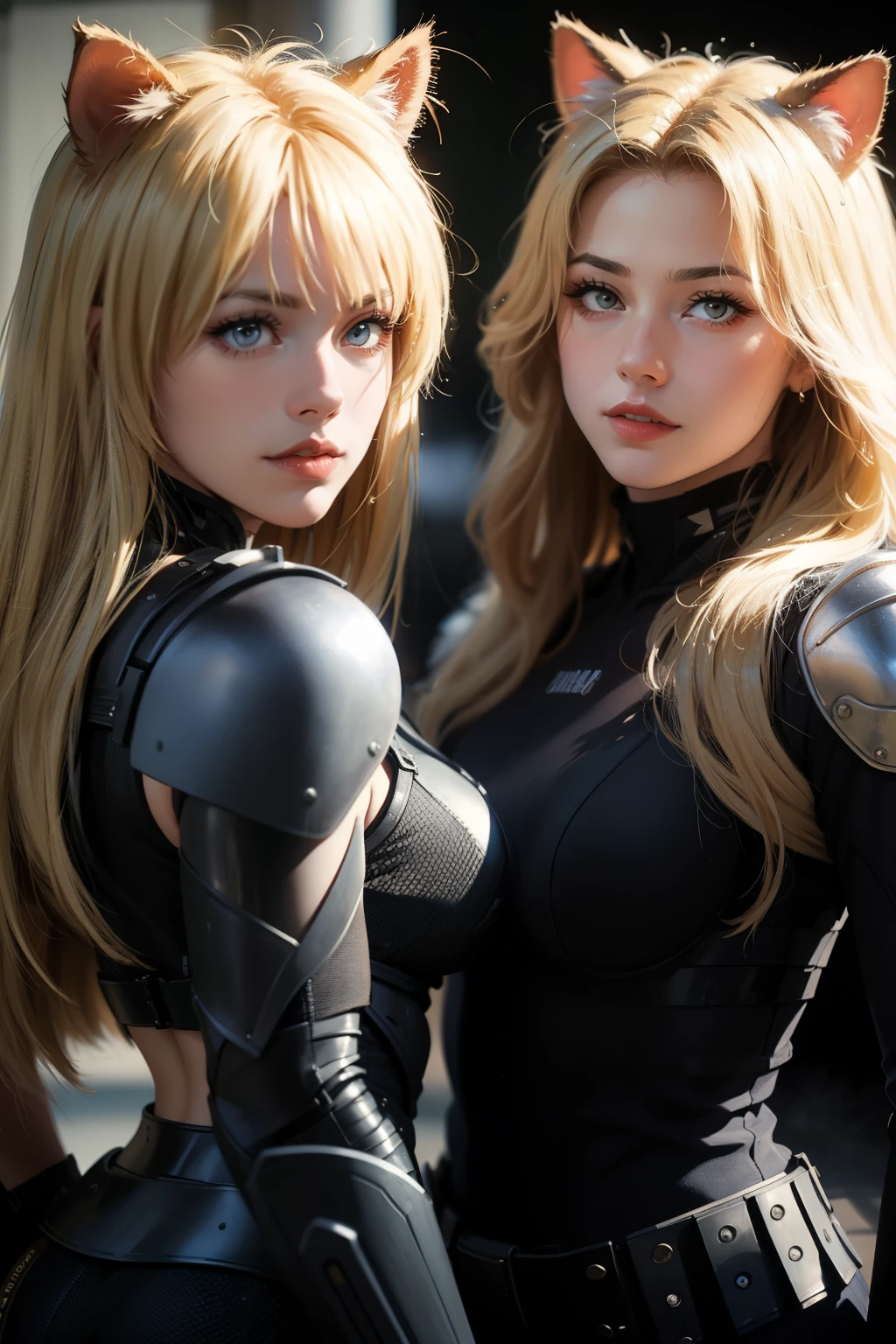 ((highest quality)), ((masterpiece)), (be familiar with), (High definition), 8K, perfect face、2 women、Two blonde women with cat ears standing side by side、(Fearless smile)、combat readiness、tall、2 Blonde cat ears、2. Long Hair、2. Volumetric hair style、big breasts、constricted waist、big ass、glamorous、Glamorous、protector、Armor、combat suit、combat boots、armed、Equipped with large firearms、Posing in front of a tank、cinematic、best shadow、side lighting、NEO TOKYO、(Close-up of two faces:1.2)