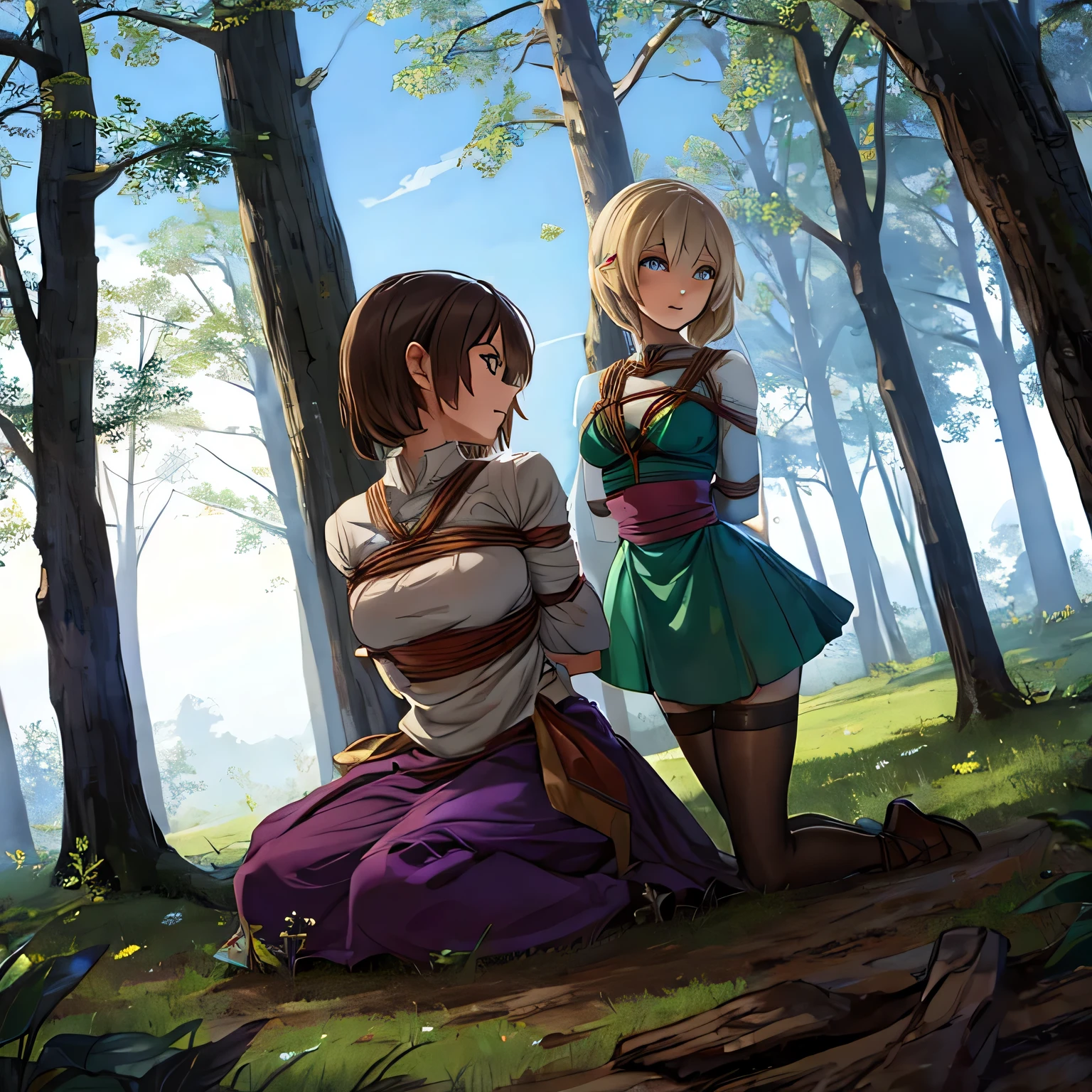  Make a picture where a fairy is getting tied up by a female thief in the woods,  bound