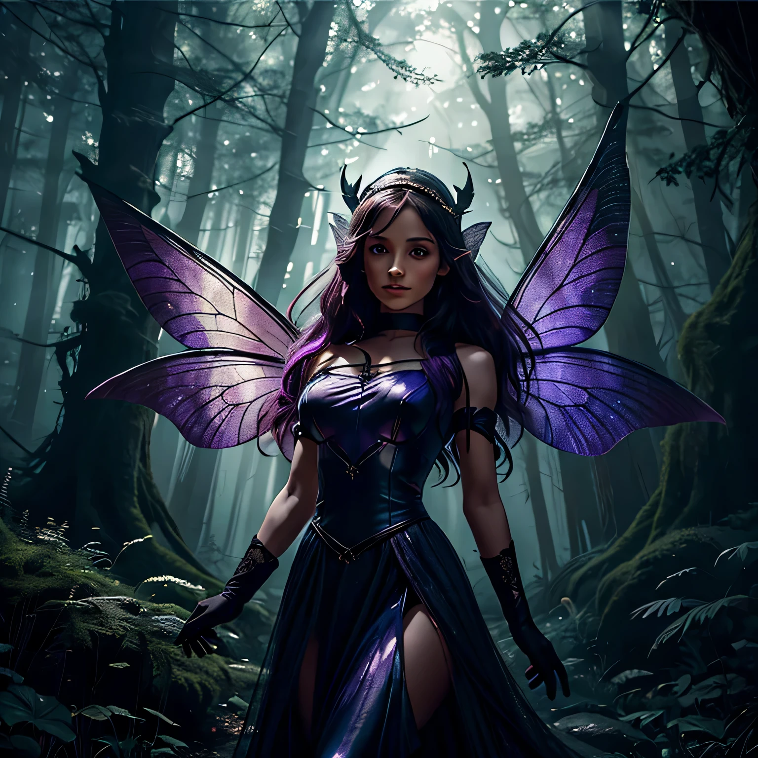 (quite secure), the fairy has wings, the fairy is struggling, the thief is wearing a veil and black gloves, the background is a dimly lit forest, the image quality is best quality, ultra-detailed, realistic, the art style is fantasy, the colors are vibrant and magical, the lighting is soft and diffused.