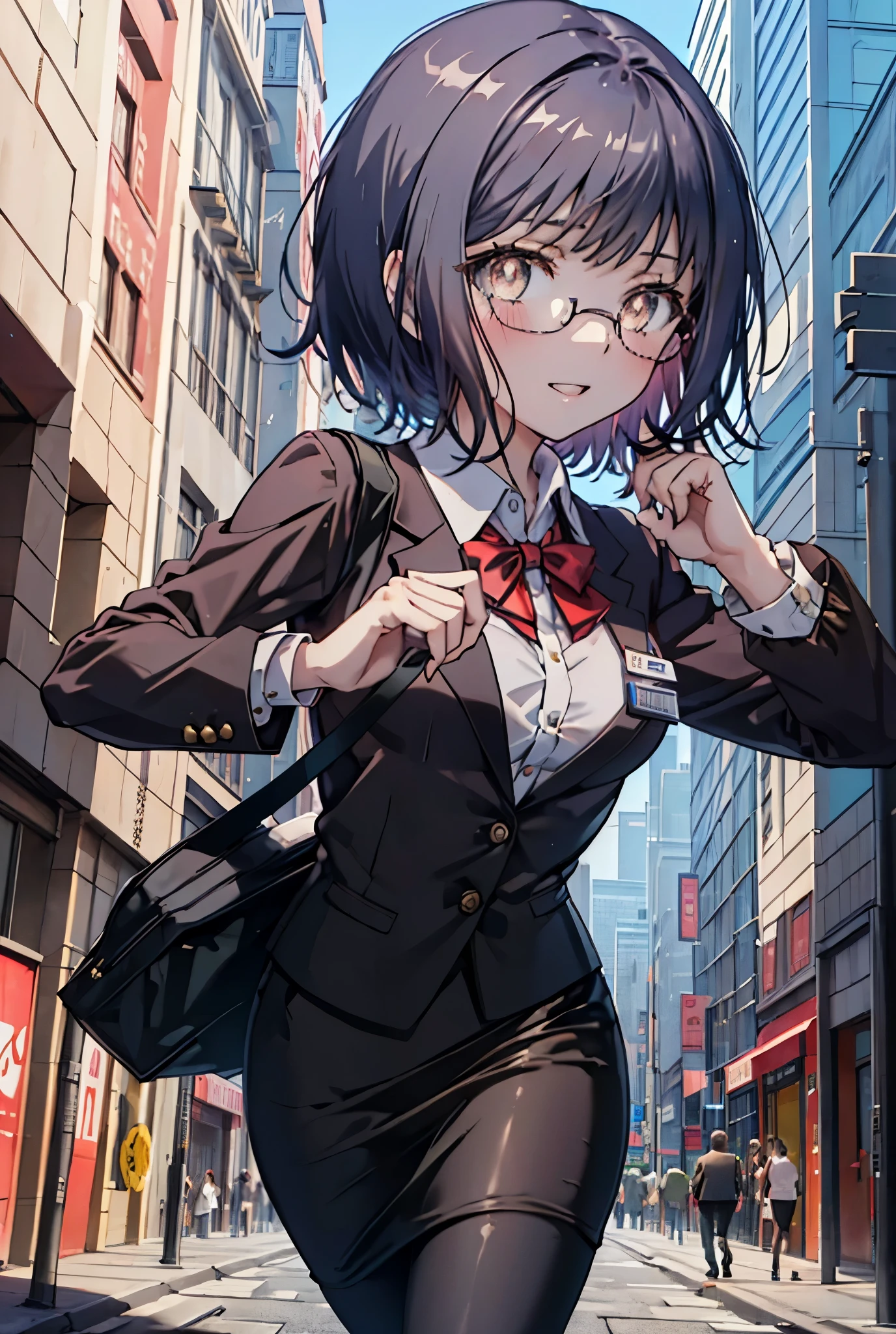 masterpiece, highest quality, confused, perfect anatomy, 1 girl, alone, Itsuwa,short hair,black hair,brown eyes,smile,blush,open your mouth,happy atmosphere,OL, red glasses, end, black suit jacket, collared jacket, white dress shirt, collared shirt, neckline, button, strap, ID card on neck, black pencil skirt, black pantyhose, stiletto heels,walk,morning,morning陽,the sun is rising,In town,building street,(masterpiece:1.2), highest quality, High resolution, unity 8k wallpaper, (shape:0.8), (beautiful and detailed eyes:1.6), highly detailed face, perfect lighting, Very detailed CG, (perfect hands, perfect anatomy),