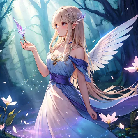 prominent eyes,delicate wings,detailed magical wand,ethereal lighting,enchanted forest,soft glow,fantasy atmosphere,ethereal bea...