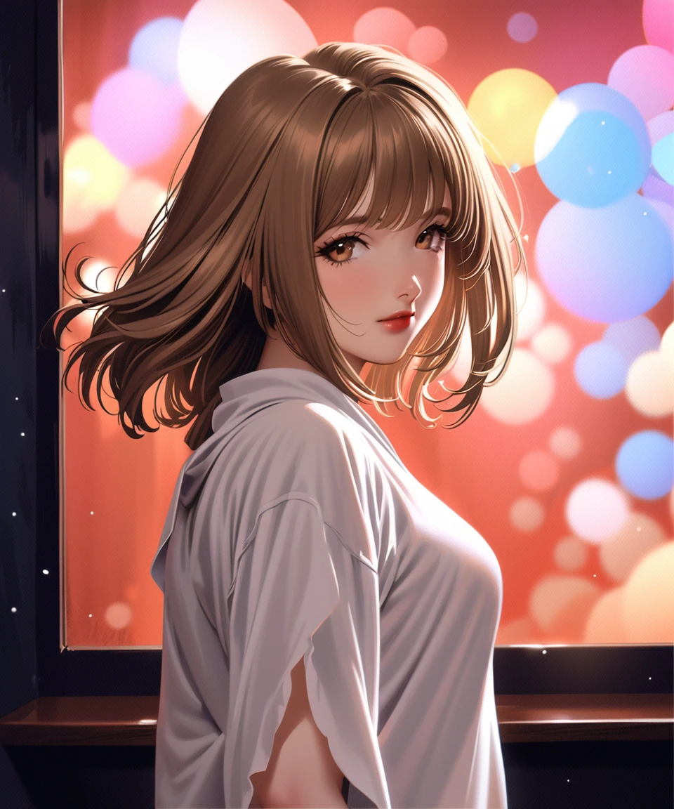 (best quality,highres,ultra-detailed,realistic:1.2),1 girl with (long brown hair:1.1), stunningly detailed eyes, soft background blur, delicate bangs, a beautiful bow in her hair, lantern with particles of light, she is looking at the audience with a captivating smile, wearing a long-sleeved outfit, standing alone on stage, with a symbol of performers, her face seen from the side, enchanting red lips, medium hair length, in the backdrop of a night scene.