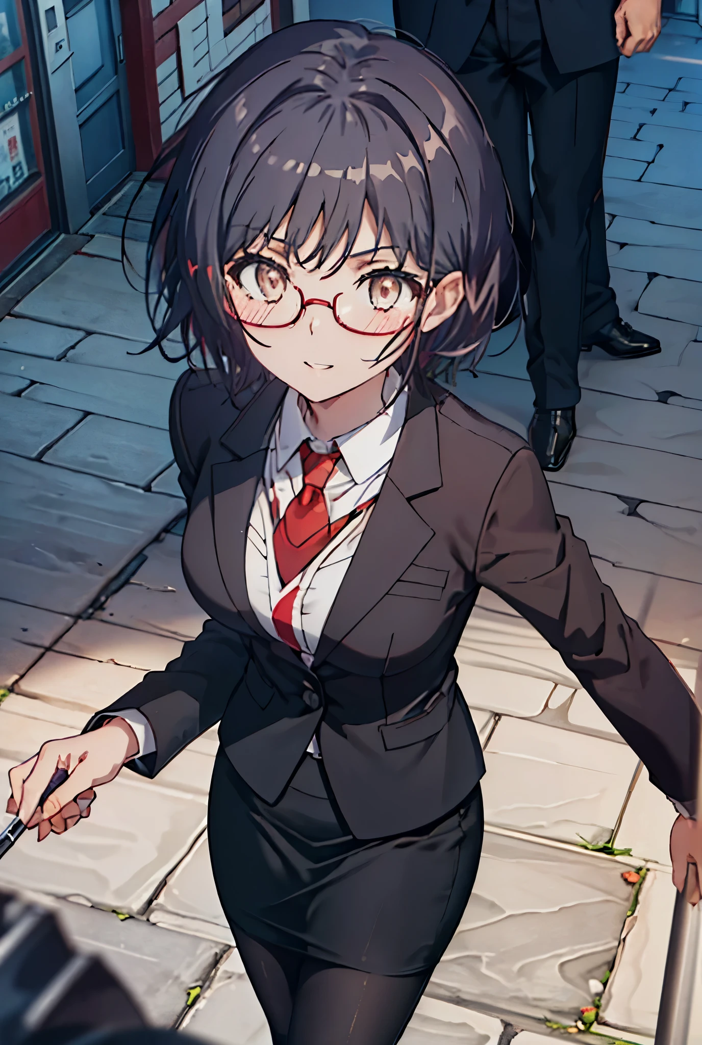 masterpiece, highest quality, confused, perfect anatomy, 1 girl, alone, Itsuwa,short hair,black hair,brown eyes,smile,blush,open your mouth,happy atmosphere,OL, red glasses, end, black suit jacket, collared jacket, white dress shirt, collared shirt, neckline, button, strap, ID card on neck, black pencil skirt, black pantyhose, stiletto heels,walk,morning,morning陽,the sun is rising,In town,building street,(masterpiece:1.2), highest quality, High resolution, unity 8k wallpaper, (shape:0.8), (beautiful and detailed eyes:1.6), highly detailed face, perfect lighting, Very detailed CG, (perfect hands, perfect anatomy),