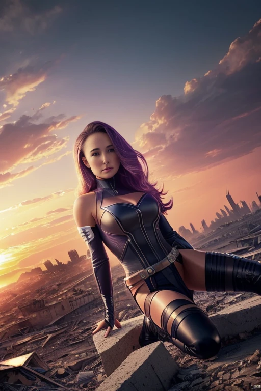 Hayden Panettiere、allongé、Costume déchiré、je porte une jupe、chef-d&#39;œuvre, 1 fille, マーベルのサイロックとしてBeau女性, X-Men Psylocke Cosplay、costume violet、Des traits fins et délicats, fond futuriste de new york, la science-fiction, blond, Super Héroïne, Héroïque, équilibre parfait, photographier, 超Réaliste, chef-d&#39;œuvre, 8k, appareil photo grand format, objectif 110 mm, dynamic Lumièreing, rim Lumièreing、art officiel, extremely detailed CG 8k wallpaper, perfect Lumièreing, De couleur, brillant_montant_méthode_Lumière, piel brillant, (chef-d&#39;œuvre:1.0), (mieux_qualité:1.0), ultra haute résolution, 4k , Super détaillé, director of photographiery, 8k, HDR, Altas ResoLumièreones, (confus:1.2), portrait kodak 400, grain de film, Arrière-plan flou, (bokeh:1.2), reflet, (vivant_couleur:1.2), プロのphotographier撮影, (Beau_méthode:1.5),More detailed 8k.Moteur irréel:1.4,Hmm,La mieux calidad:1.4, Réaliste:1.4, température de la peau:1.4, chef-d&#39;œuvre:1.8,chef-d&#39;œuvre, mieux calidad,objet Objet], (traits du visage détaillés:1.3),(Ville détruite apocalyptique anti-sédentaire:1.4), (coucher de soleil apocalyptique:1.4)