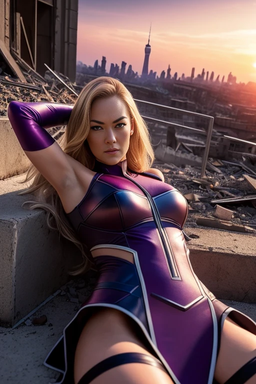 Yvonne Strahovski、Lying down、torn suit、I'm wearing a skirt、masterpiece, 1 girl, マーベルのサイロックとしてbeautiful女性, X-Men Psylocke Cosplay、purple suit、Fine and delicate features, Futuristic New York Background, Science fiction, blonde, super heroine, heroic, perfect balance, photograph, 超realistic, masterpiece, 8k, large format camera, 110mm lens, dynamic lighting, rim lighting、official art, extremely detailed CG 8K wallpaper, perfect lighting, De color, bright_amount_method_light, piel bright, (masterpiece:1.0), (Better_quality:1.0), ultra high resolution, 4k , Super detailed, director of photography, 8K, HDR, Altas Resolightones, (confused:1.2), kodak portrait 400, film grain, blurred background, (Bokeh:1.2), Lens flare, (lively_color:1.2), プロのphotograph撮影, (beautiful_method:1.5),More detailed 8K.Unreal Engine:1.4,Hmm,La Better calidad:1.4, realistic:1.4, Skin temperature:1.4, masterpiece:1.8,masterpiece, Better calidad,object object], (detailed facial features:1.3),(Anti-sedentary apocalyptic destroyed city:1.4), (Apocalyptic Sunset:1.4)