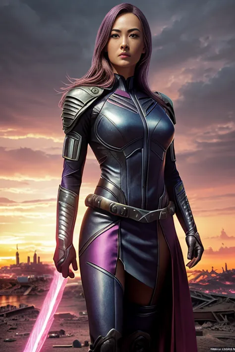 Yvonne Strahovski、torn suit、I'm wearing a skirt、masterpiece, 1 girl, マーベルのサイロックとしてbeautiful女性, X-Men Psylocke Cosplay、purple sui...