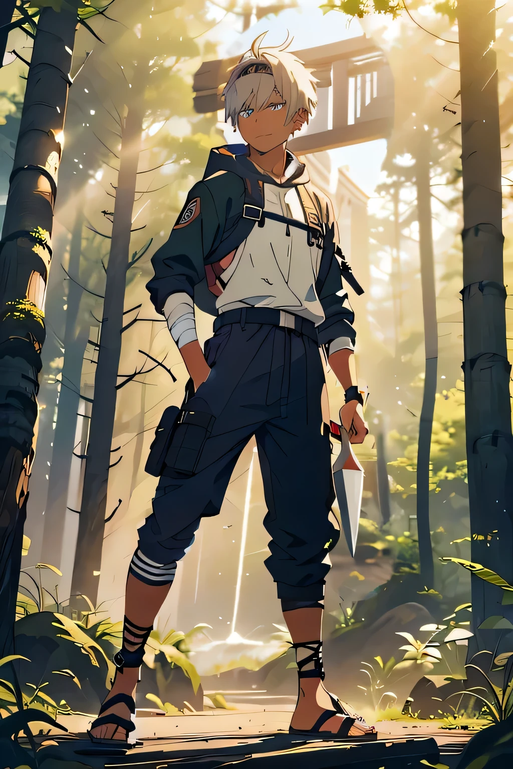 one male, young adult, sand colored hair, wild short hair, spiky short hair, dark skin color, hooded hazel eyes, long eyelashes, faint scar on face, tired expression, uninterested expression, smirking, sweating, Konohagakure navy headband
