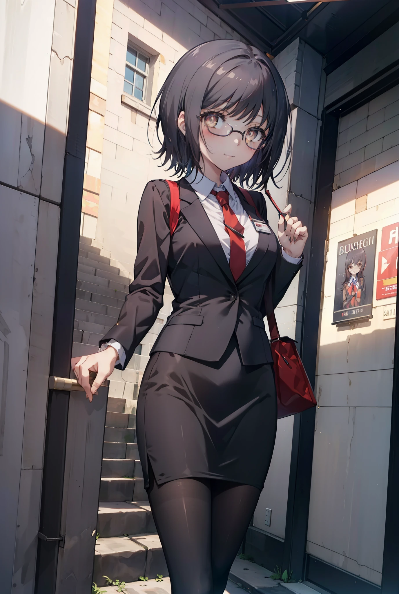 masterpiece, highest quality, confused, perfect anatomy, 1 girl, alone, Itsuwa,short hair,black hair,brown eyes,smile,blush,open your mouth,happy atmosphere,OL, red glasses, end, black suit jacket, collared jacket, white dress shirt, collared shirt, neckline, button, strap, ID card on neck, black pencil skirt, black pantyhose, stiletto heels,walk,morning,morning陽,the sun is rising,In town,building street,(masterpiece:1.2), highest quality, High resolution, unity 8k wallpaper, (shape:0.8), (beautiful and detailed eyes:1.6), highly detailed face, perfect lighting, Very detailed CG, (perfect hands, perfect anatomy),