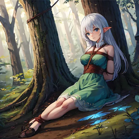 make a picture where a fairy is getting tied up by a female thief in the woods,  bound