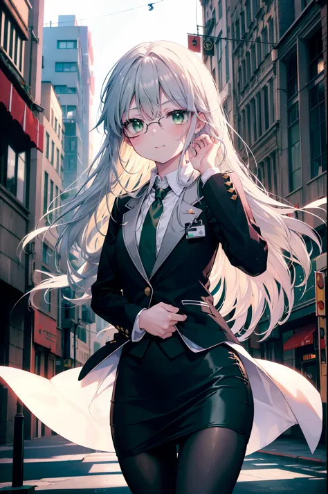 index, index, (green eyes:1.5), silver hair, long hair, (flat chest:1.2),smile,blush,open your mouth,
OL, red glasses, end, blac...