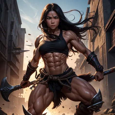 (best quality),  detailed background, oriental nobless,warrior girl, athletic physique, shredded abs, bicep veins, heavily muscl...