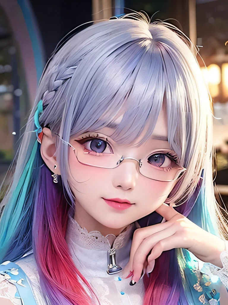 small face、 )Super detailed,bright colors, very beautiful detailed anime face and eyes, look straight,  shiny_skin,girl, (((rainbow colored hair, colorful hair, Half blue、half red hair: 1.2))), 、shiny hair, delicate beautiful face, blush、Glasses、(turquoise eyes), , Valletta, earrings,、（(flower garden、sunset、luxury hotel)）、((silver、translucent、short sleeve、Floral、Lace Suit))、（twin tails）、（smile、sleepy face、Smile）、cheerful pose、dynamic、Upper body、