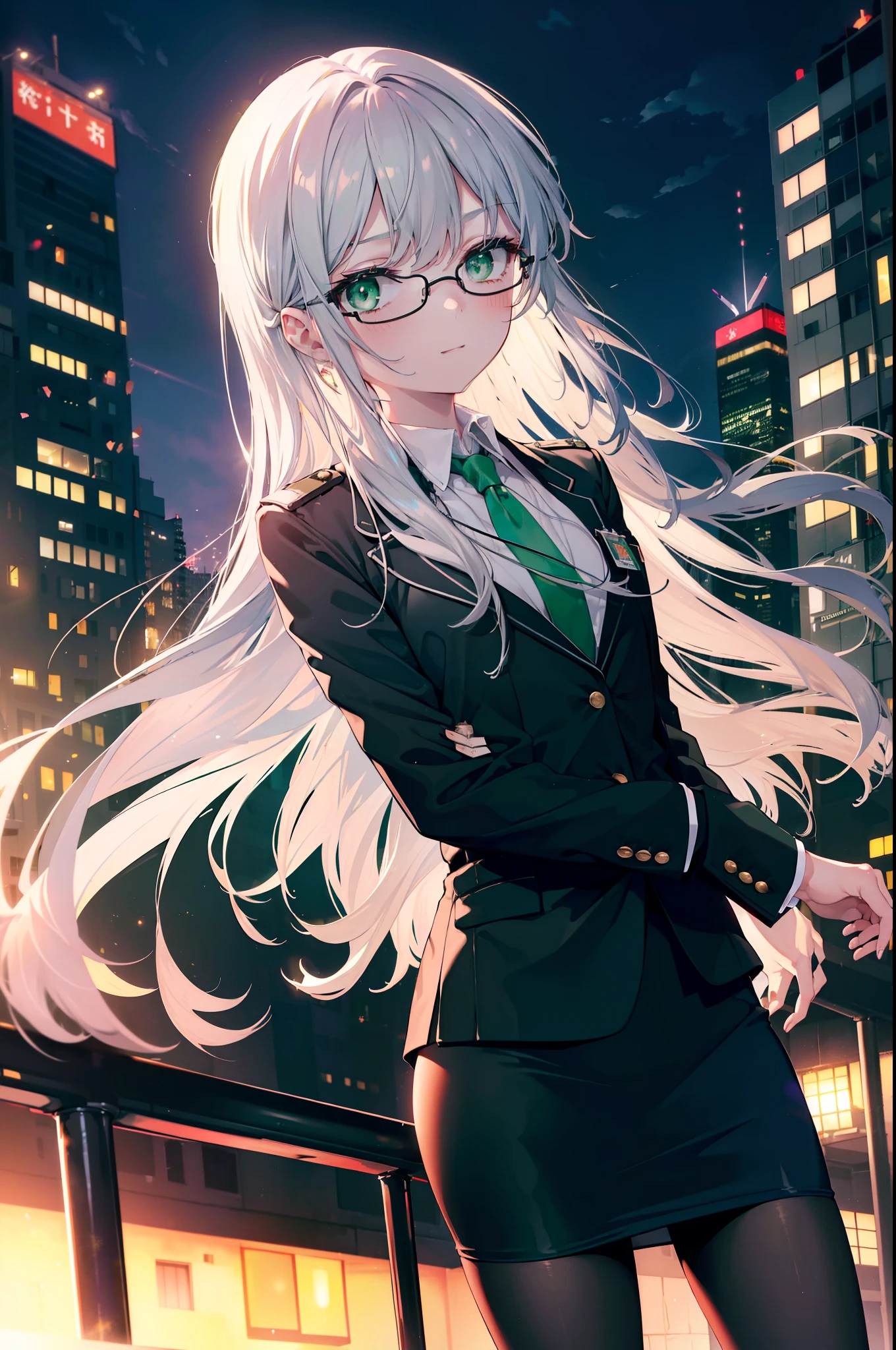 index, index, (green eyes:1.5), silver hair, long hair, (flat chest:1.2),smile,blush,open your mouth,
OL, red glasses, end, black suit jacket, collared jacket, white dress shirt, collared shirt, neckline, button, strap, ID card on neck, black pencil skirt, black pantyhose, stiletto heels, city street,morning,morning陽,The sun is rising, breaking the viewer, Upper body, whole body, (cowboy shot:1. 5)
break outdoors, In town,Destroy a city of buildings (masterpiece:1.2), highest quality, High resolution, unity 8k wallpaper, (figure:0.8), (detailed and beautiful eyes:1.6), highly detailed face, perfect lighting, Very detailed CG, (perfect hands, perfect anatomy),