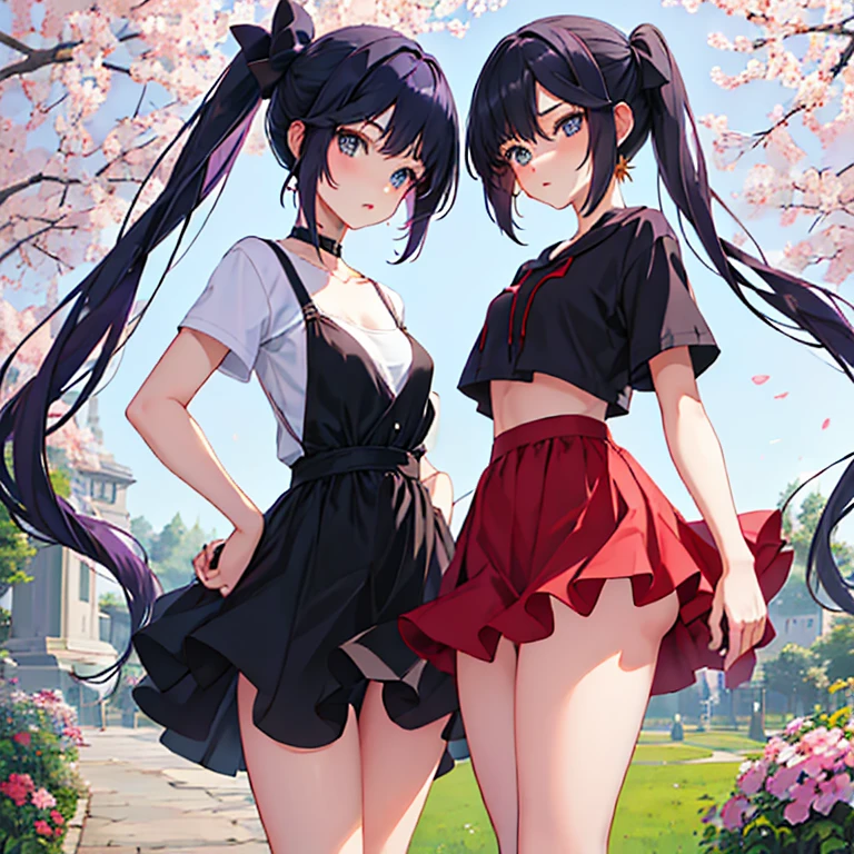 Anime ai is a short, cute and chubby  who has long hair down to her buttocks and doesn't tie it, her hair is dark blue, she wears a blue dress with a little white on her dress, dress and skirt Black short, only the blue girl wears a blue butterfly-shaped hairpin. He was walking in the Park with another girl, Namely Anime ai beautiful tomboyish girl, short, has long dark purple hair not tied, white skin, dark purple eyes, wears a dark purple hoodie, wears a short colored skirt Black.They both enjoyed the view of the park.Two girls in the beautiful park,(Two people must be in the garden together!)(One of them has dark blue hair, dark blue eyes, and is wearing a blue shirt!)(And the other one has long dark purple hair down to his shoulders, wears a dark purple hoodie, and has dark purple eyes!)(one Blue girl not purple)(one purple girl not blue)(two colors, one dark blue one dark purple!