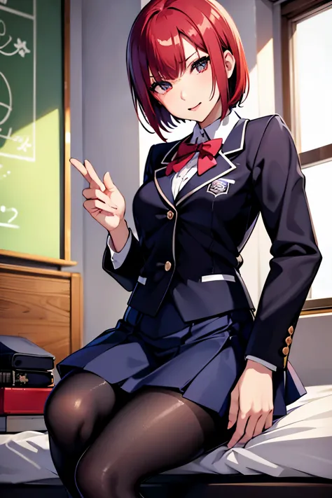 rio, super blackjack、red hair、short hair、((school uniform))、((pantyhose))、mini skirt、photo from below、medium chest、bedroom、rio・デ...