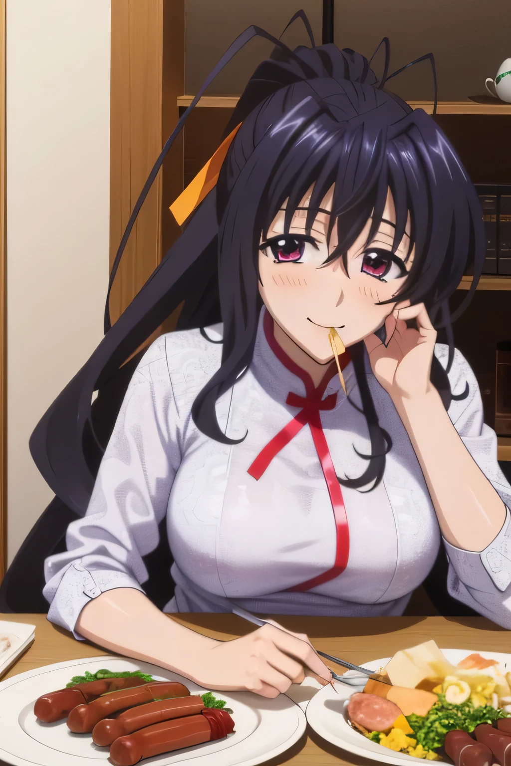 Anime girl sitting at a table with a plate of food - SeaArt AI