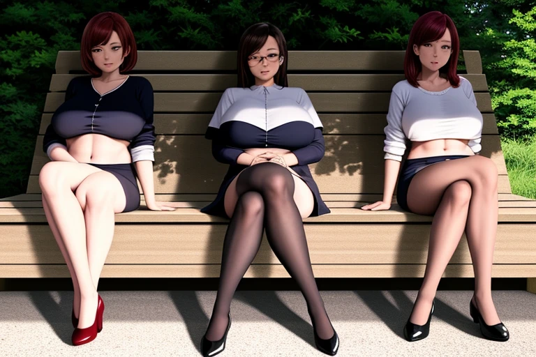 3 成熟女性, 巨乳, 超短裙, 短款上衣, 乳房下部, 全身照, 坐在长凳上, 双腿分开, 从下方看正面图