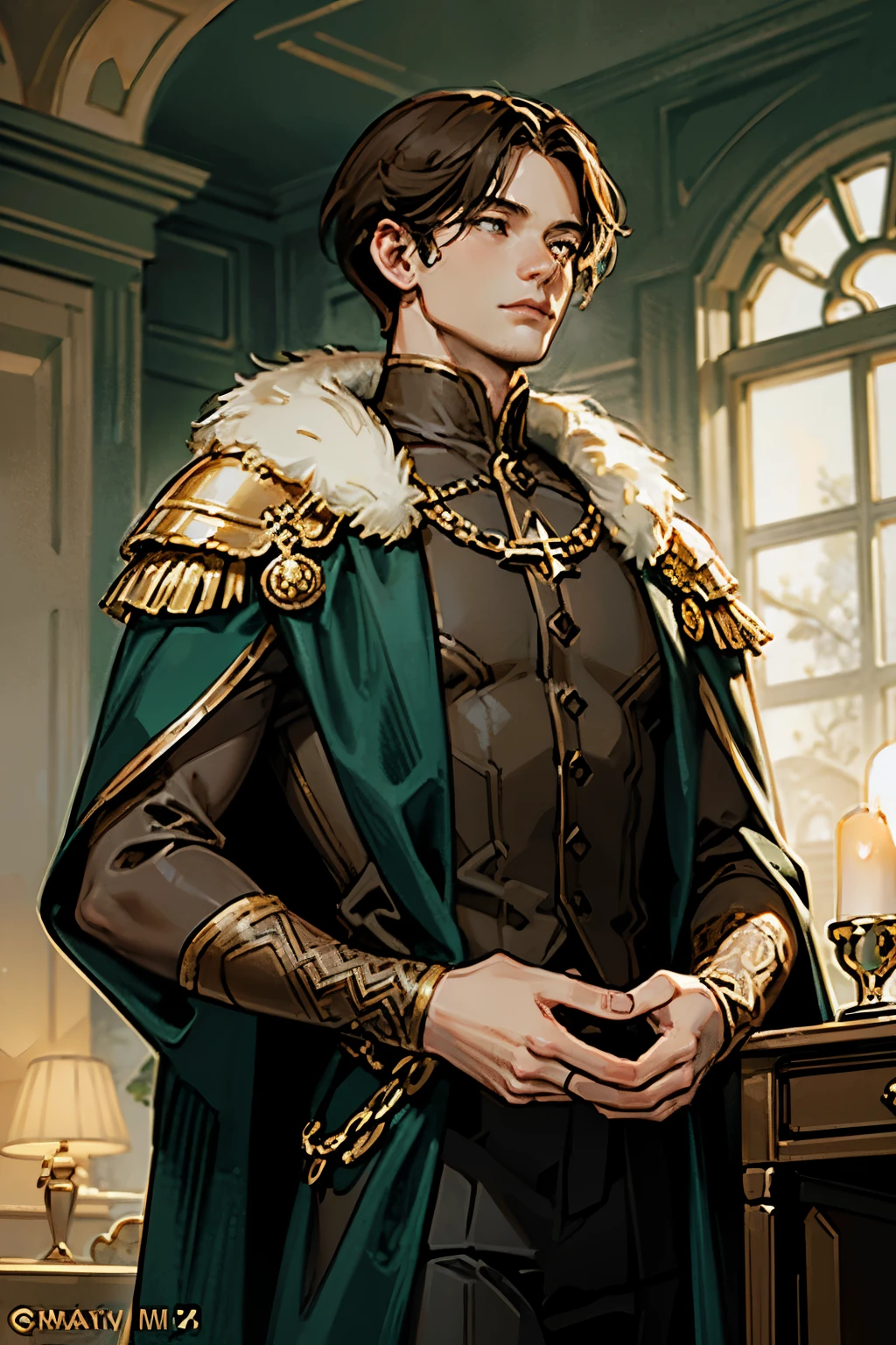 ((masterpieces)), best quality, outstanding illustration, soft focus, romanticism, opulent and exquisite atmosphere, soft light and warm lighting, 1men, Muscular build with broad shoulders, giving him a commanding presence.
Short hair, chestnut hair, strong jawline.
 brown eyes .
italian renaisance deep green outfit , gold trimmings, A matching cloak with a fur collar drapes over his shoulders.