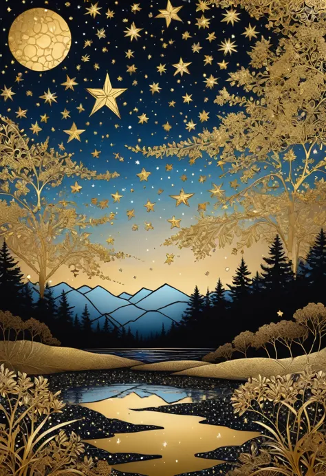 (best quality, highres, ultra sharp), gold tones, stars full sky, zentangle lanscape, gold leaf art