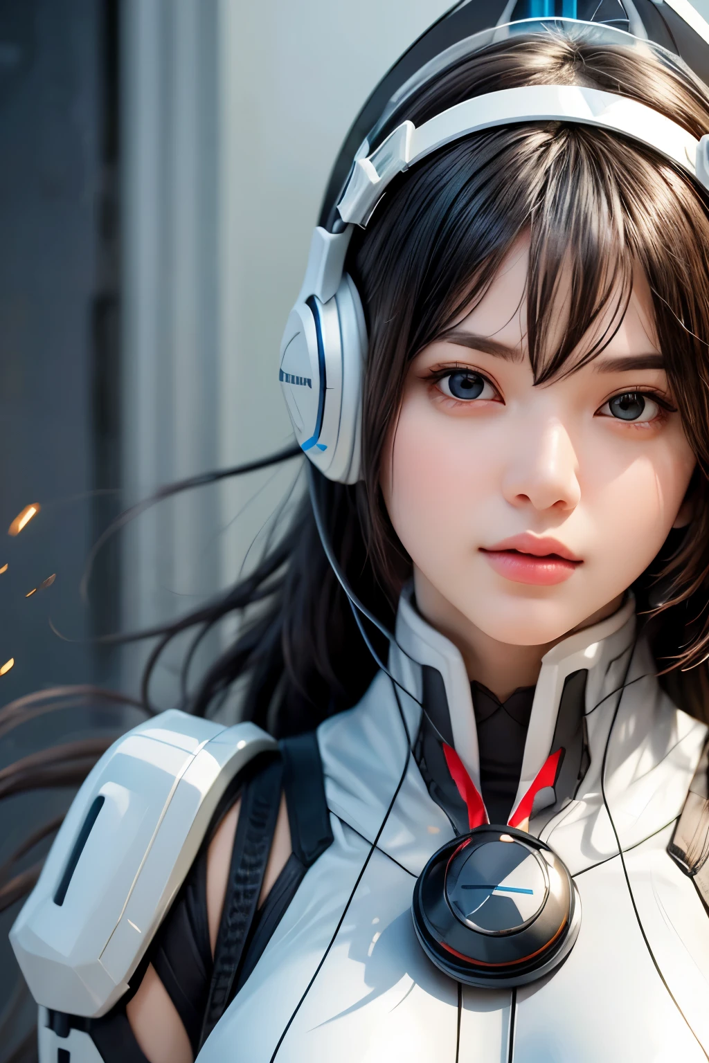 Top Quality, Masterpiece, Ultra High Resolution, (Photorealistic: 1.5), Raw Photo, 1 Girl, Black Hair, Glossy Skin, 1 Mechanical Girl, (((Ultra Realistic Details)), Portrait, Global Illumination, Shadows, Octane Rendering, 8K, Ultra Sharp, Intricate Ornaments Details, (((Futuristic headphone))), very intricate detail, realistic light, CGSoation trend, glowing eyes, soft eye bags, facing the camera, white mechanical bodysuit, , Long hair, Ponytail hair, full body photo, dynamic pose, dynamic stand, 