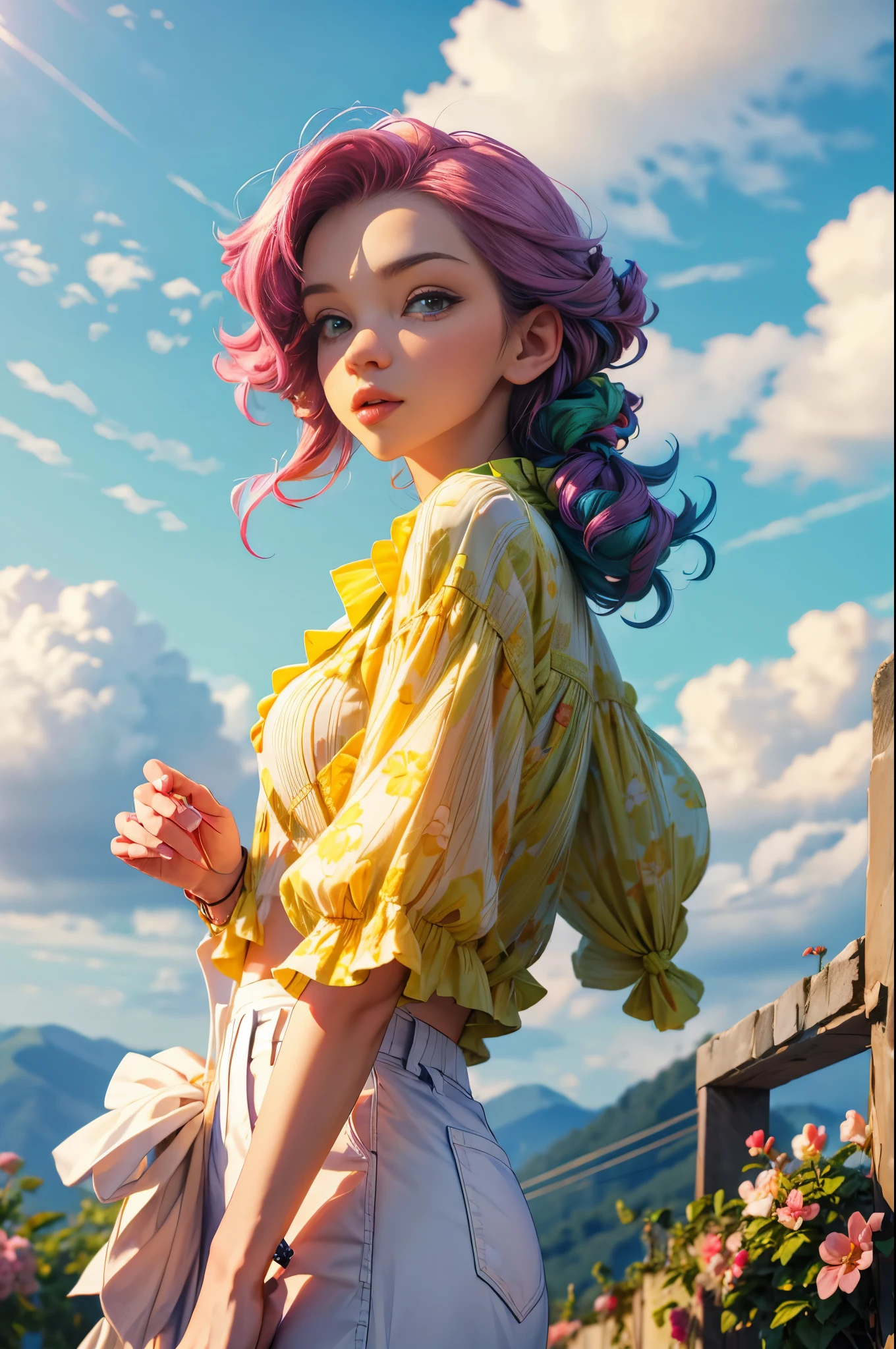 masterpiece, best quality, spring outfit, colorful hair,  outdoor,cloud ,upper body, jenya.d