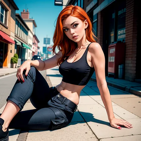 Masterpiece, best quality, detailed face, Kim Possible, black tank top, midriff, cleavage, posing, cargo pants, black shoes, red...