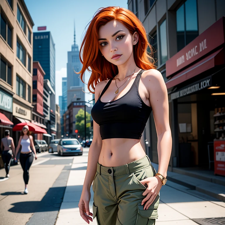 Masterpiece, best quality, detailed face, Kim Possible, black tank top, midriff, cleavage, walking, cargo pants, black shoes, red hair, looking at viewer, sexy smirk, perfect hands, in a city