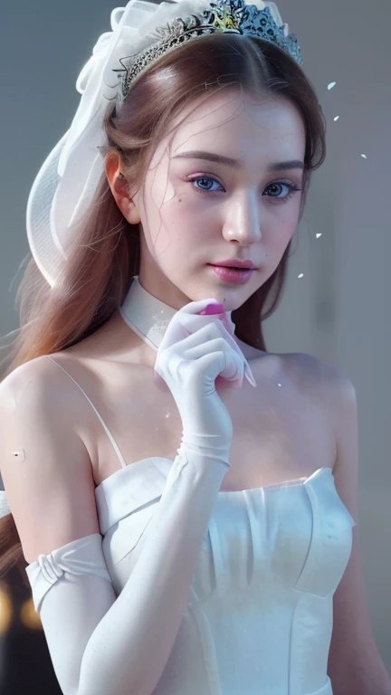 (1 girl focus, 24 yo,princess,royal,vibrant colors,vibrant lighting,gorgeous,perfect face,stunning,beautiful white dress made from silk,elegant,white gloves,looking at the camera) (best quality,4k,8k,highres,masterpiece:1.2),ultra-detailed,(realistic,photorealistic,photo-realistic:1.37),HDR,UHD,studio lighting,ultra-fine painting,sharp focus,physically-based rendering,extreme detail description,professional,vivid colors,bokeh portraits,photography,concept artists