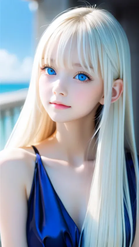 Beautiful white and shining skin, 3 Up, unparalleled beauty, Bright, refreshing and gentle expression, Perfect beautiful pretty face Shining platinum blonde silk super long straight hair, Beautiful shiny bangs, A very beautiful and beautiful 17 year old gi...
