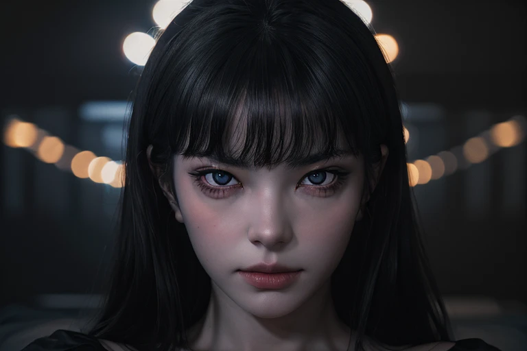 Ultra realistic, 16k, high quality, 1 naked well lit girl, erotic nightmare aesthetic, dream aesthetic, light black hair, cute bangs on the forehead, black evil eyes, bright evil eyes look, perfect nose, pale-grey skin, white/grey skin, flushed cheeks, natural detailed tits, showing natural breasts, narrow waist, big hips, hot big vagina, hot legs, creepy dark background, 18 years old, (beautiful natural body), professional photography of a naked woman detailed, sharp focus, dramatic, award-winning, cinematic lighting, dream aesthetic, volumetric dtx, (film grain, dark background, blurred foreground, Bokeh, depth of field, motion blur:1.3), multiple hot sexy poses and multiple angles.