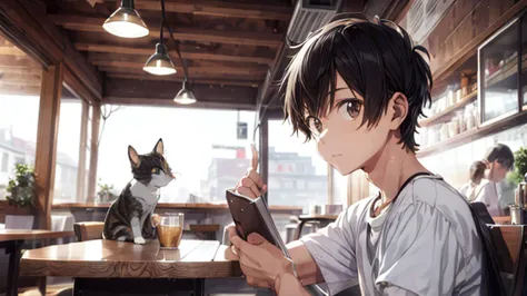 Cute man relaxing in a cafe, reading, A calico cat is sleeping nearby., evening, headphones, 1 person,One animal,  