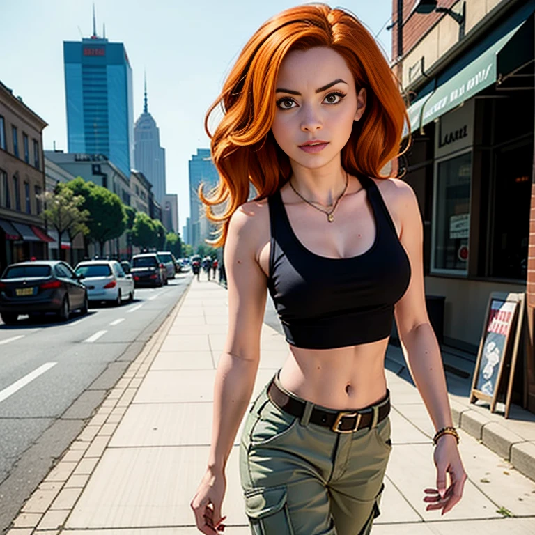 Masterpiece, best quality, detailed face, Kim Possible, black tank top, midriff, cleavage, walking, cargo pants, black shoes, red hair, looking at viewer, sexy smirk, in a city