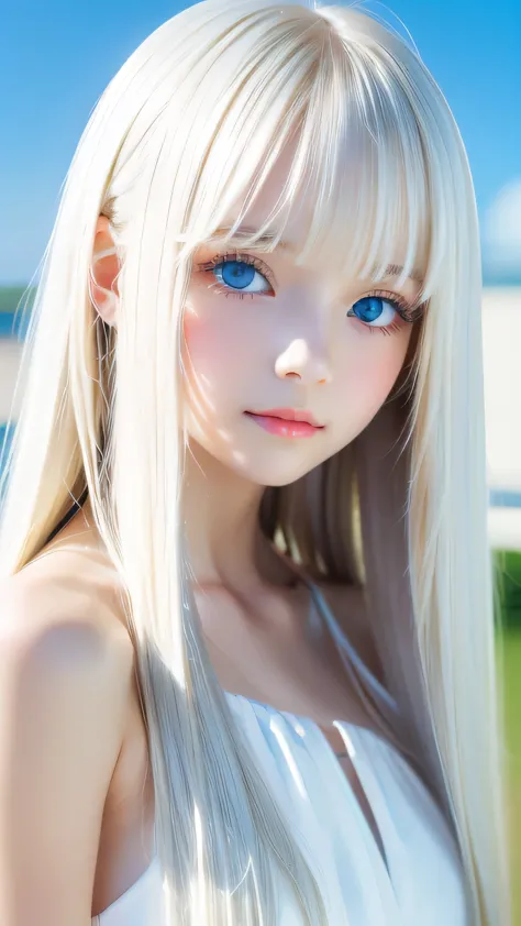 Beautiful white and shining skin, 3 Up, unparalleled beauty, Bright, refreshing and gentle expression, Perfect beautiful pretty face、Shiny platinum blonde silk super long straight hair, Beautiful shiny bangs, A very beautiful and beautiful 17 year old girl...