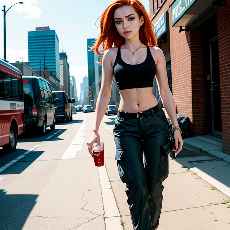 Masterpiece, best quality, detailed face, Kim Possible, black tank top, midriff, cleavage, walking, cargo pants, black shoes, red hair, looking at viewer, sexy smirk, in a city