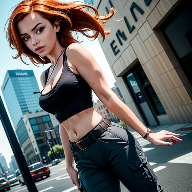 Masterpiece, best quality, close up, detailed face, Kim Possible, black tank top, midriff, cleavage, walking, cargo pants, black shoes, red hair, looking at viewer, sexy smirk, in a city,  