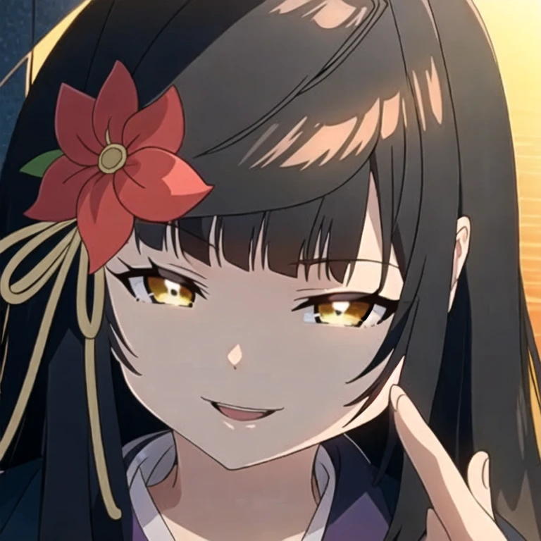 ((Masterpiece, highest quality: 1.2), detailed image, anime character, long black hair, one girl, orange eyes, purple kimono, red flower hair clip, looking at camera