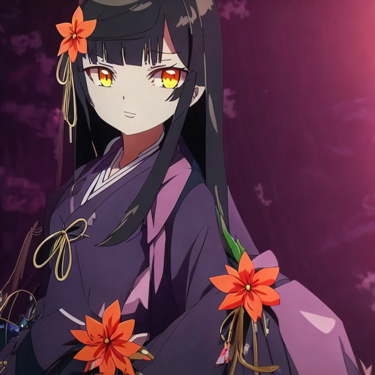 ((Masterpiece, highest quality: 1.2), detailed image, anime character, long black hair, one girl, orange eyes, purple kimono, red flower hair clip, looking at camera