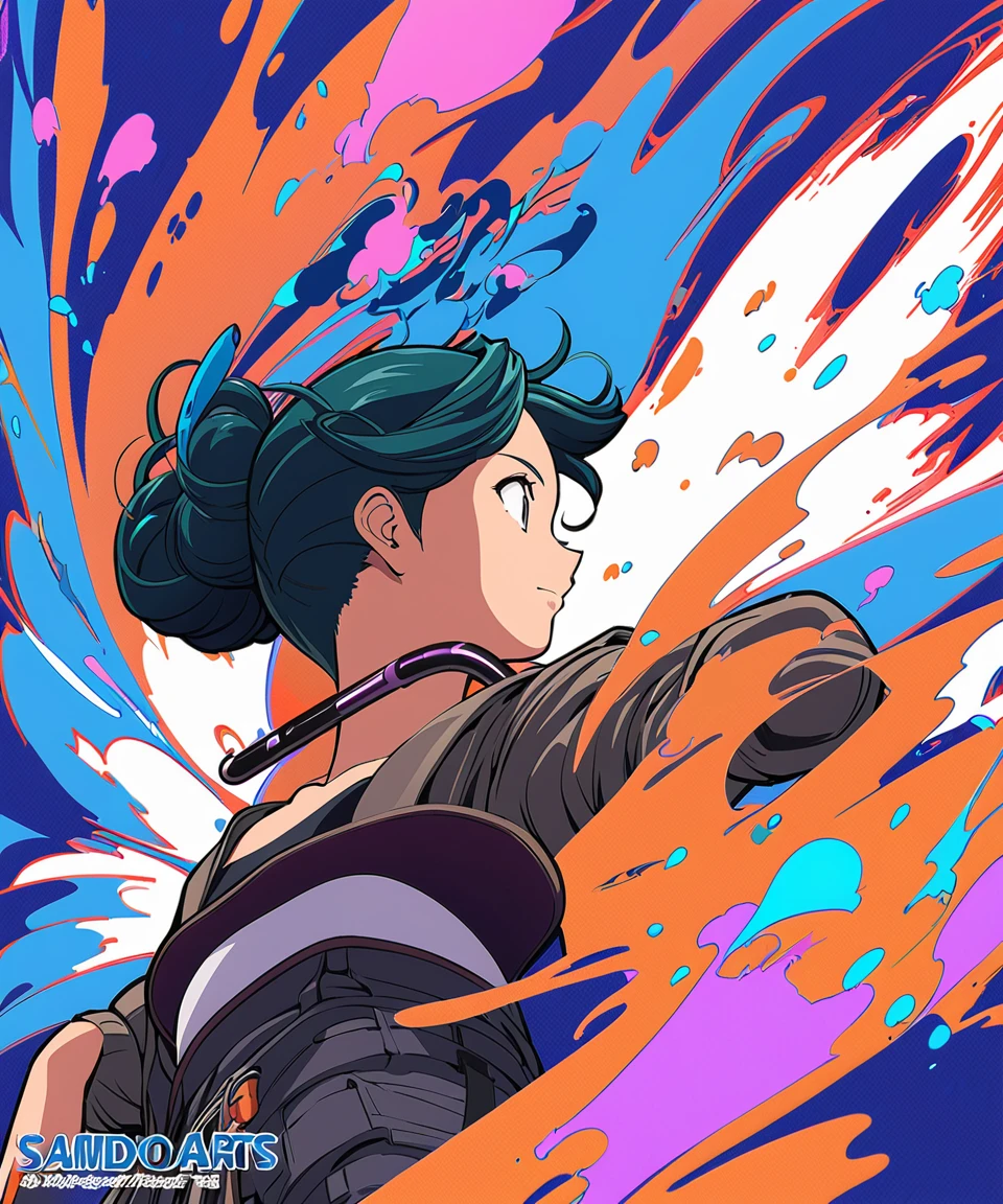 Winner of the Samdosarts Style Award、Half body portrait of beautiful woman wearing crop top and cargo pants。Ombre navy blue teal hairstyle、head moves、hair is flying。, paint splashes, scatter, overtake, Vaporware, flat illustration with shadow, digital art, Trending with ArtStation, very detailed, small details, Complex