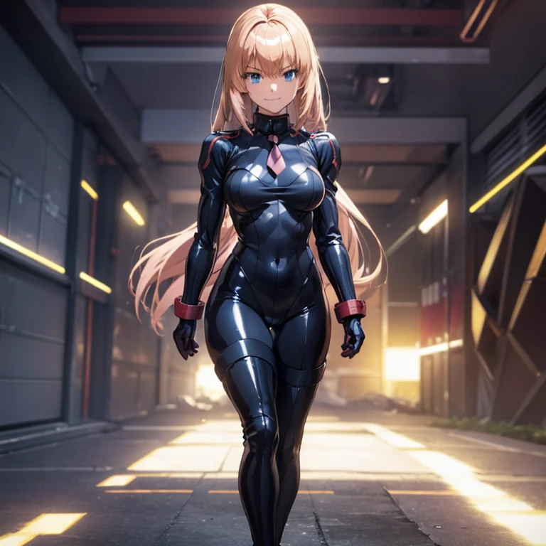 Super detailed, explicit, beautiful body, beautiful nose, beautiful character design, perfect eyes, perfect face, ultra high resolution, 4K, beautiful feet, perfect legs, nice hands, perfect hands, masterpiece, highest quality, very detailed, figure, disorganized, Street Fighter, Doll Suit, Shadaloo Doll, doll suit, No expression, empty eyes, looking at the viewer, red gloves, emotionless, black latex, corruption, Mind control, female combatant, full body, I was under the influence of hypnosis., Unfortunate trance, full body suit, Ribbed bodysuit, Arms at your sides, follow, perfect female body, extremely glossy latex, Hypnosis, Hypno Lola, empty eyes, Mind control device, tracings, Obedient_tracing, slave, have, tie, Are standing, Are standing up straight, Be careful. Are you standing?, have, yellow tie, belt, latex, Ribbed bodysuit, Thighhighs, garter belt, combat readiness, Extend your right arm from your shoulder and reach your hand out into the air., army, thigh boots, alone, Classroom of the Elite, ichinose honami, pink blonde hair, Blue eyes, long hair, big breasts, evil smile, With an evil smile