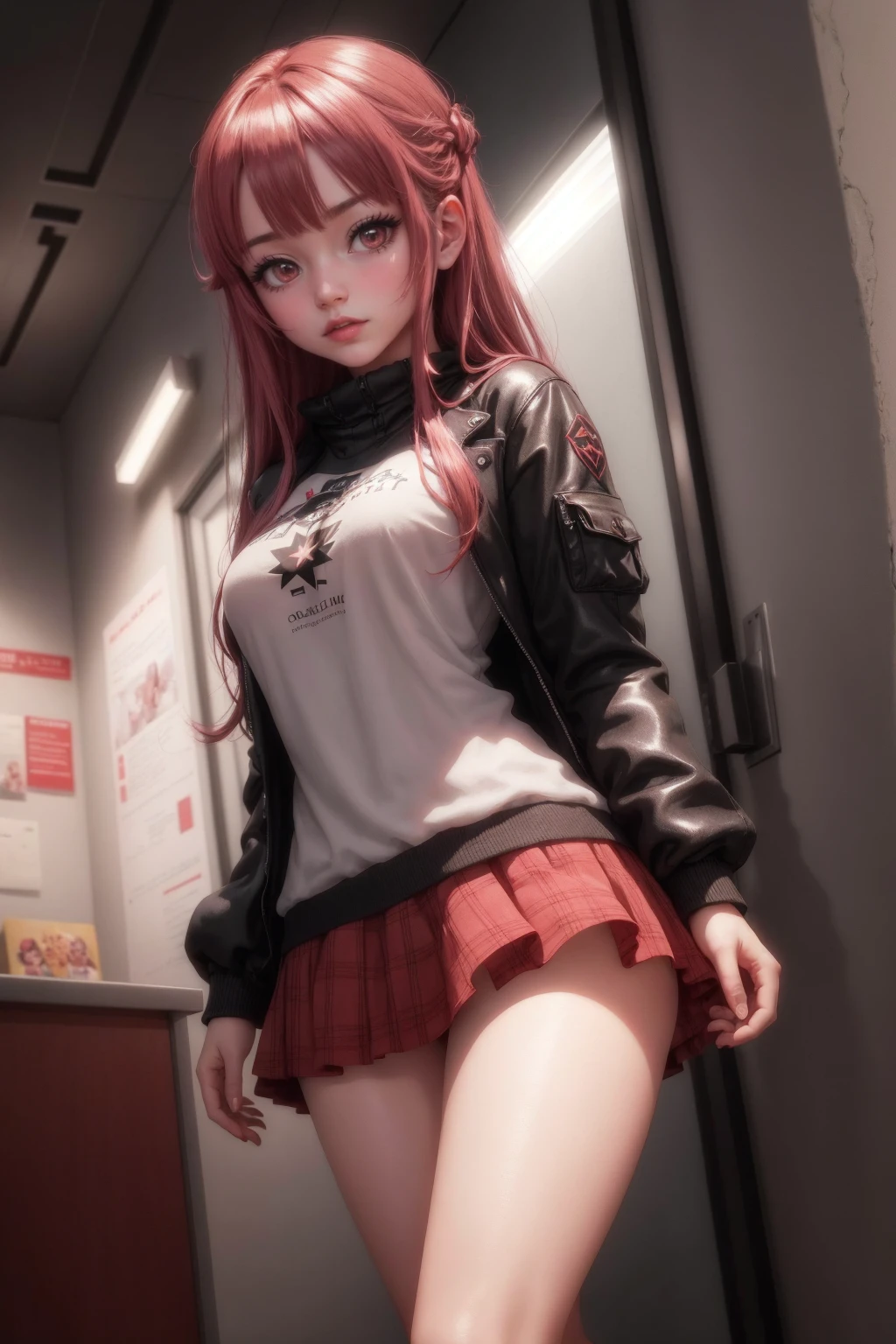 1 girl in, star eye, blush, perfect lighting, Red hair, Red eyes, unreal engine, Side lights, detailed face, bang, bright skin,  background, dark background,mini skirt